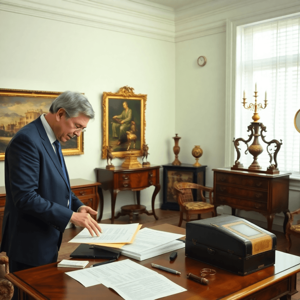 Appraiser examining fine art and antiques with documents and tools on a table in a bright room, symbolizing fair asset appraisal during divorce.