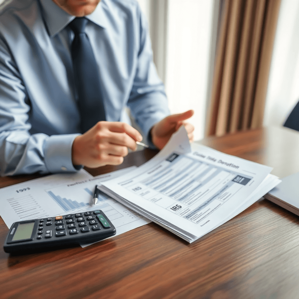 Appraiser reviewing valuable items with IRS forms and calculator on desk, representing charitable donation appraisal and tax compliance.
