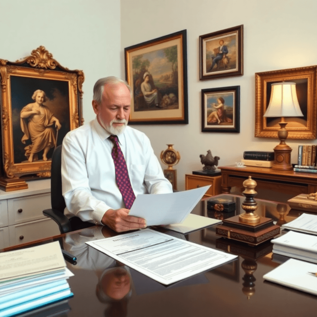 Certified appraiser examining fine art and antiques in a clean office with IRS tax documents on the desk, conveying trust and expertise.