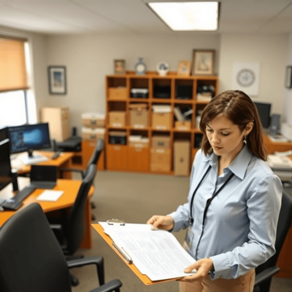 Certified appraiser reviewing documents in a neat office with computers and technical equipment, symbolizing official government property appraisals.