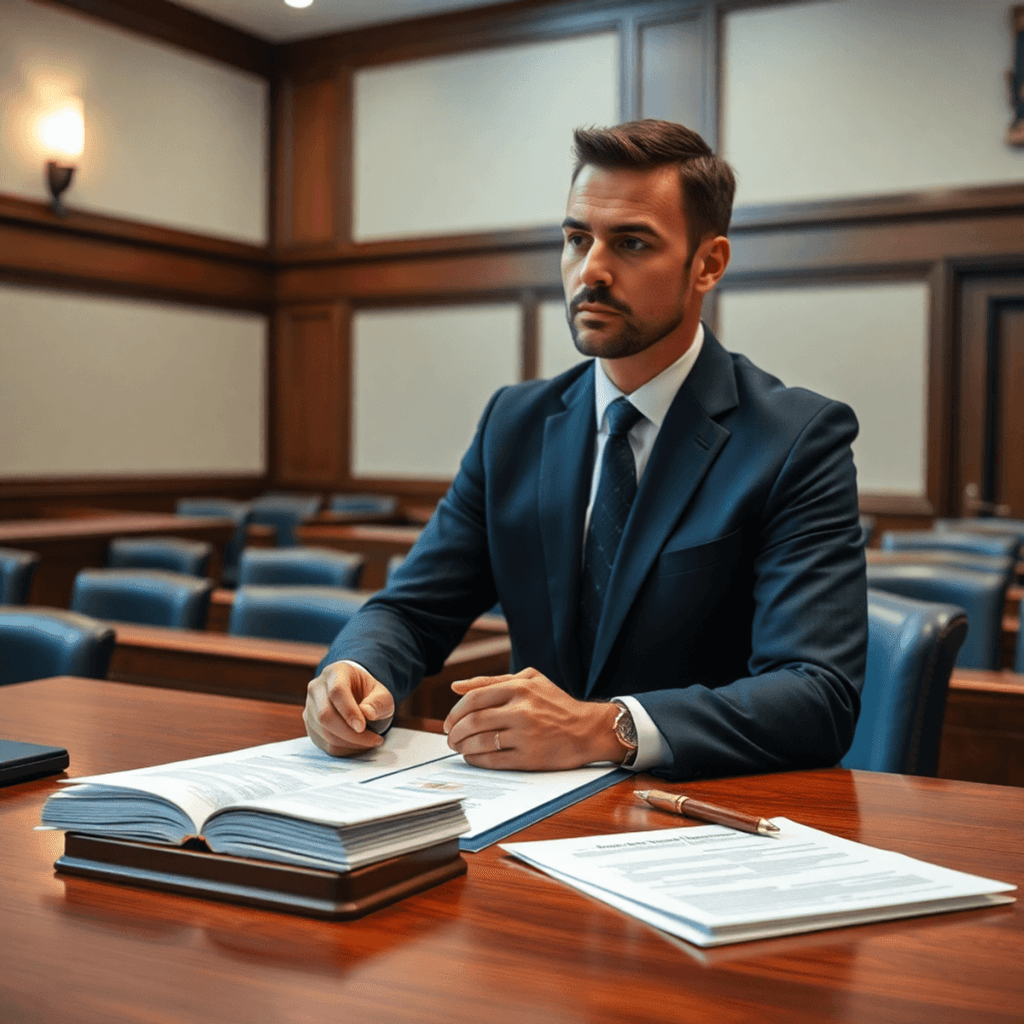 Expert witness confidently testifying in courtroom with legal documents and property appraisal reports on the table.