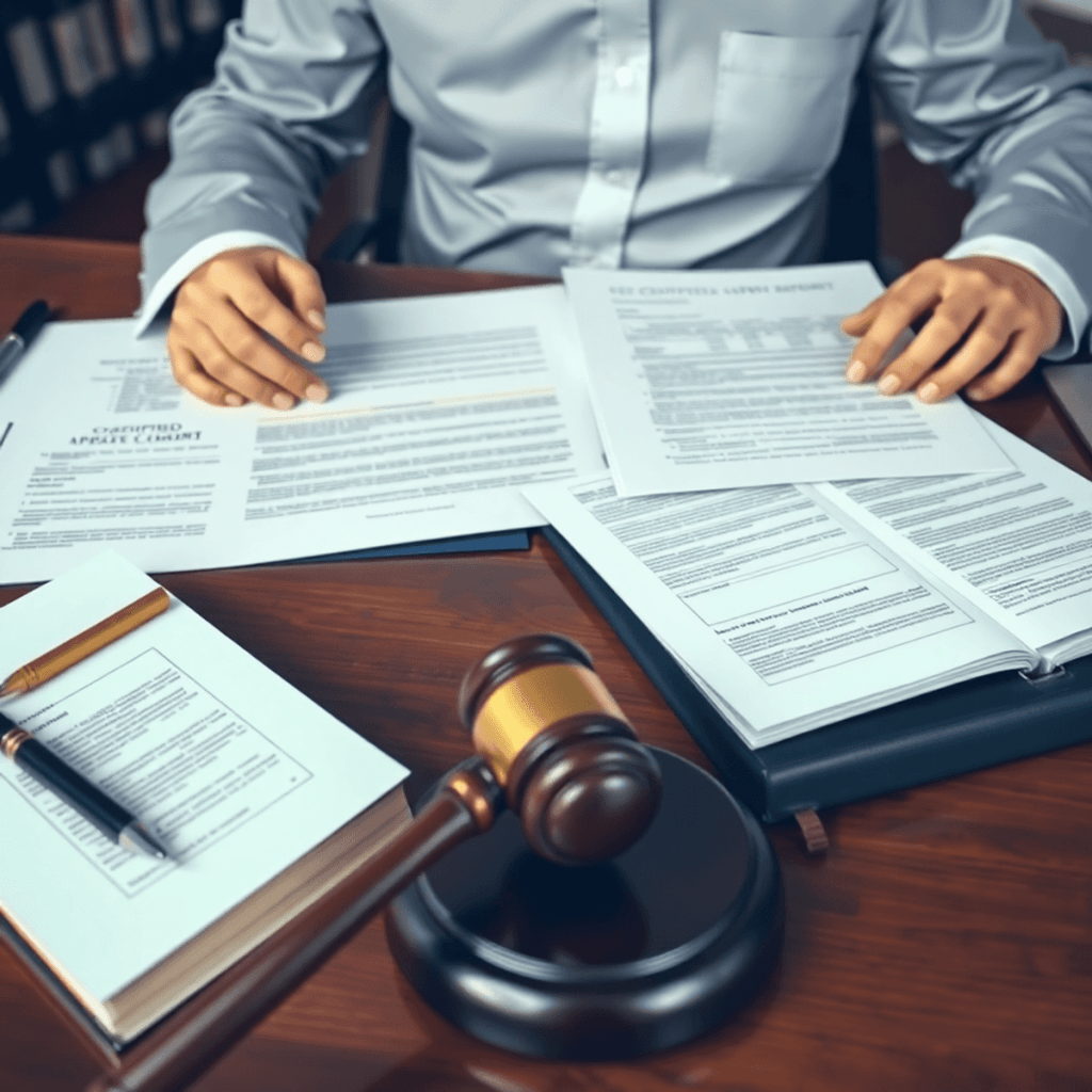 A certified appraiser reviewing documents and valuation reports at a desk with legal books and a gavel nearby.