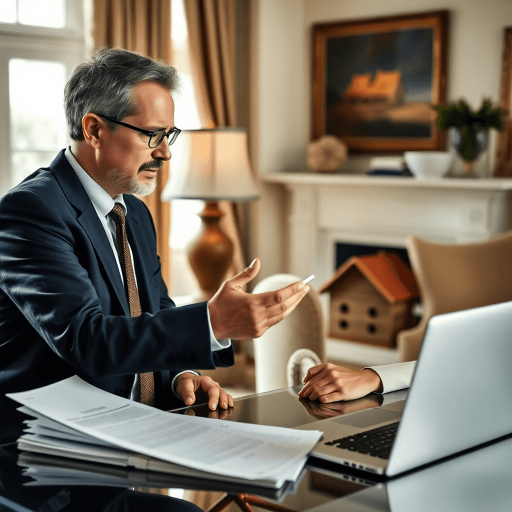 Appraiser examining valuable items in a bright, elegant home with documents and laptop, symbolizing accurate asset valuation for fair distribution.