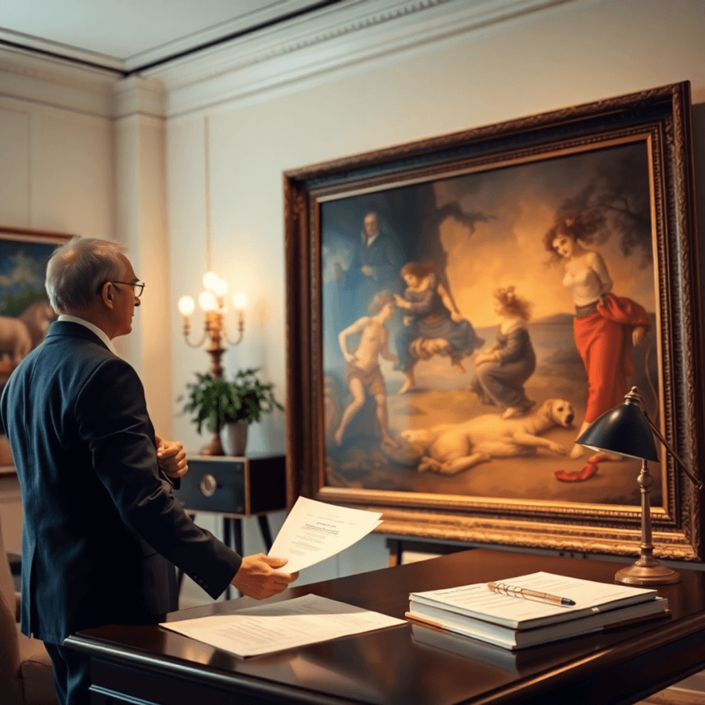 Art appraiser examining a painting in a bright gallery with documents and tools on a table, symbolizing art appraisal for estate and tax planning.