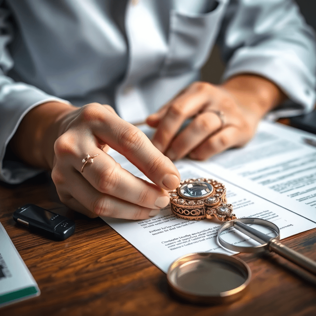 Close-up of a professional appraiser examining fine art or antique jewelry with appraisal documents and a magnifying glass on a desk.