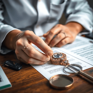 Close-up of a professional appraiser examining fine art or antique jewelry with appraisal documents and a magnifying glass on a desk.