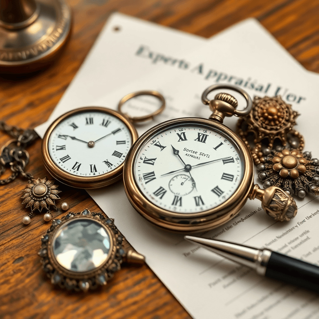 Close-up of an antique pocket watch and vintage jewelry on a wooden table with an appraisal document and pen nearby.