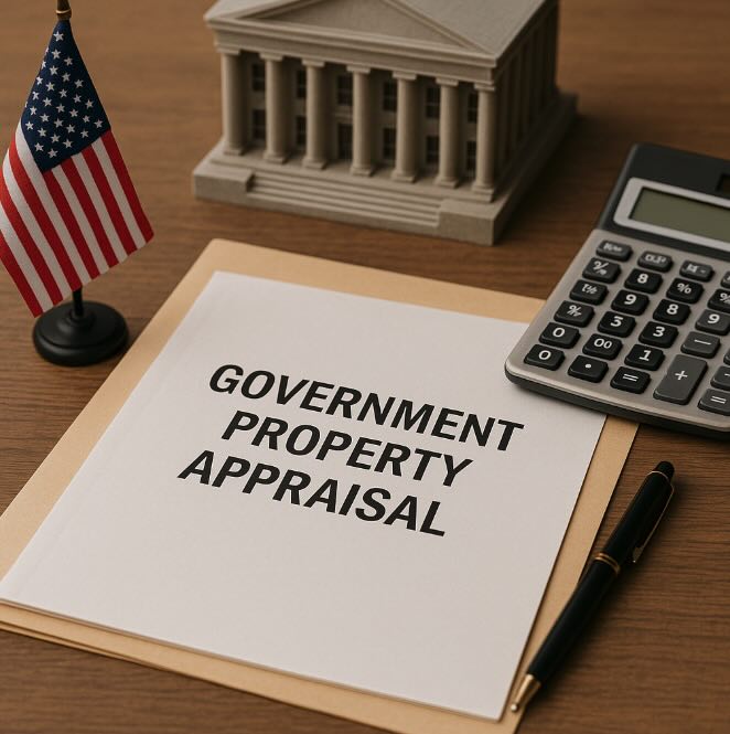 Government property appraisal report with U.S. flag and courthouse model in Riverside, California Government property appraisal report with U.S. flag and courthouse model in Riverside, California