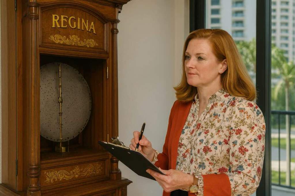 Antique appraiser in Miami evaluating a Regina Music Box