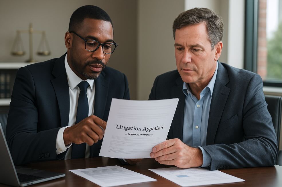 Attorney and client reviewing litigation appraisal report for personal property in St. Louis, Missouri