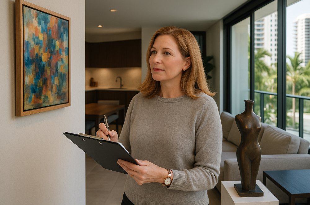 Professional personal property appraiser evaluating fine art in a modern Miami residence