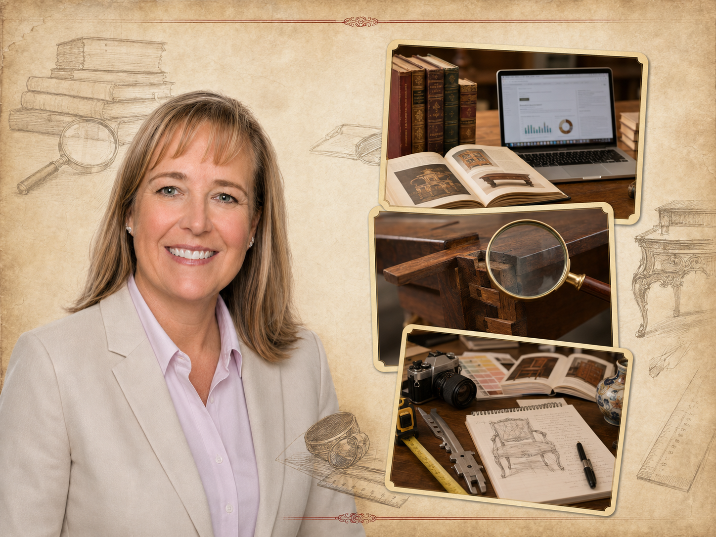 Heather Looney researching antique furniture and decorative arts for a personal property appraisal