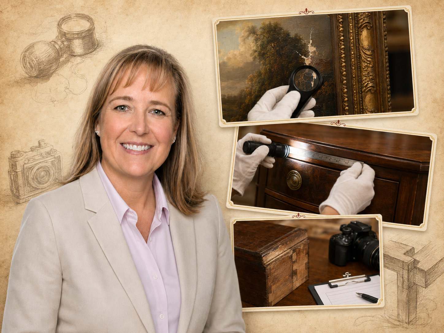 Heather Looney inspecting damaged artwork and antique furniture for a Colorado insurance claim appraisal
