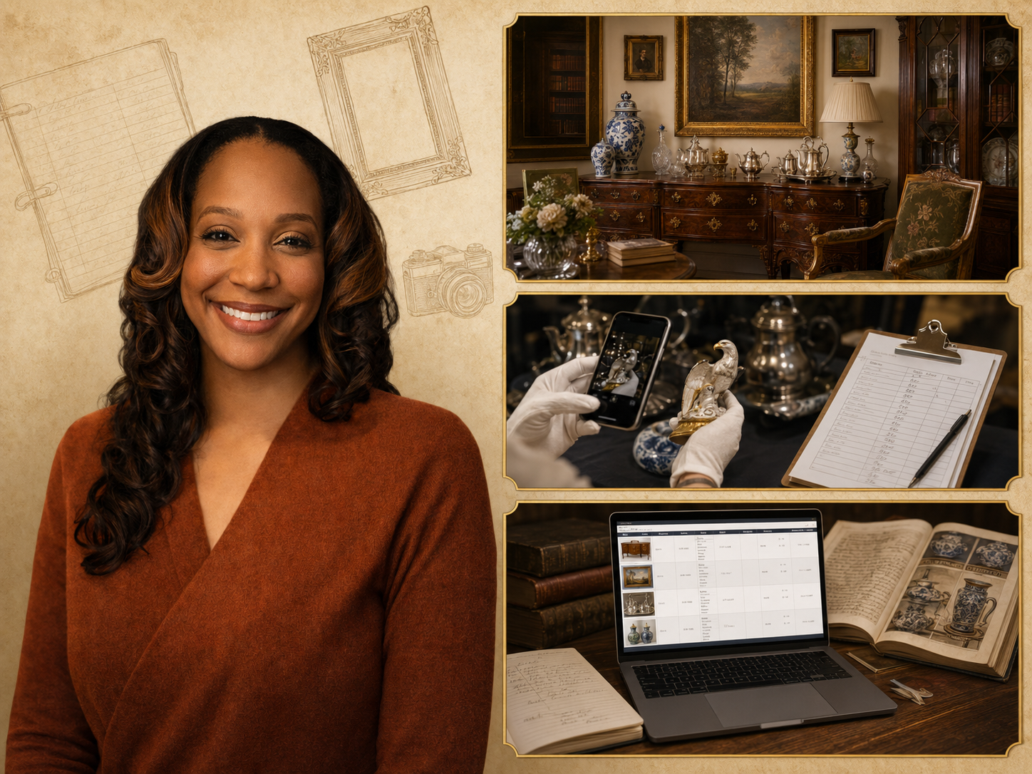 Alicia Randolph documenting estate contents for IRS-qualified estate tax, probate and inventory appraisals