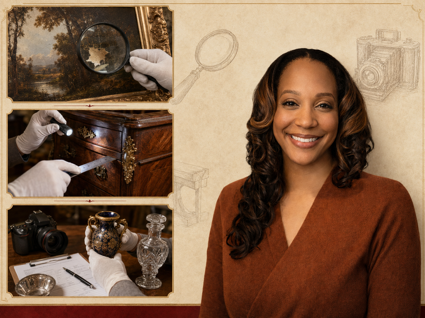 Alicia Randolph inspecting damaged art, antique furniture and decorative property for an insurance appraisal