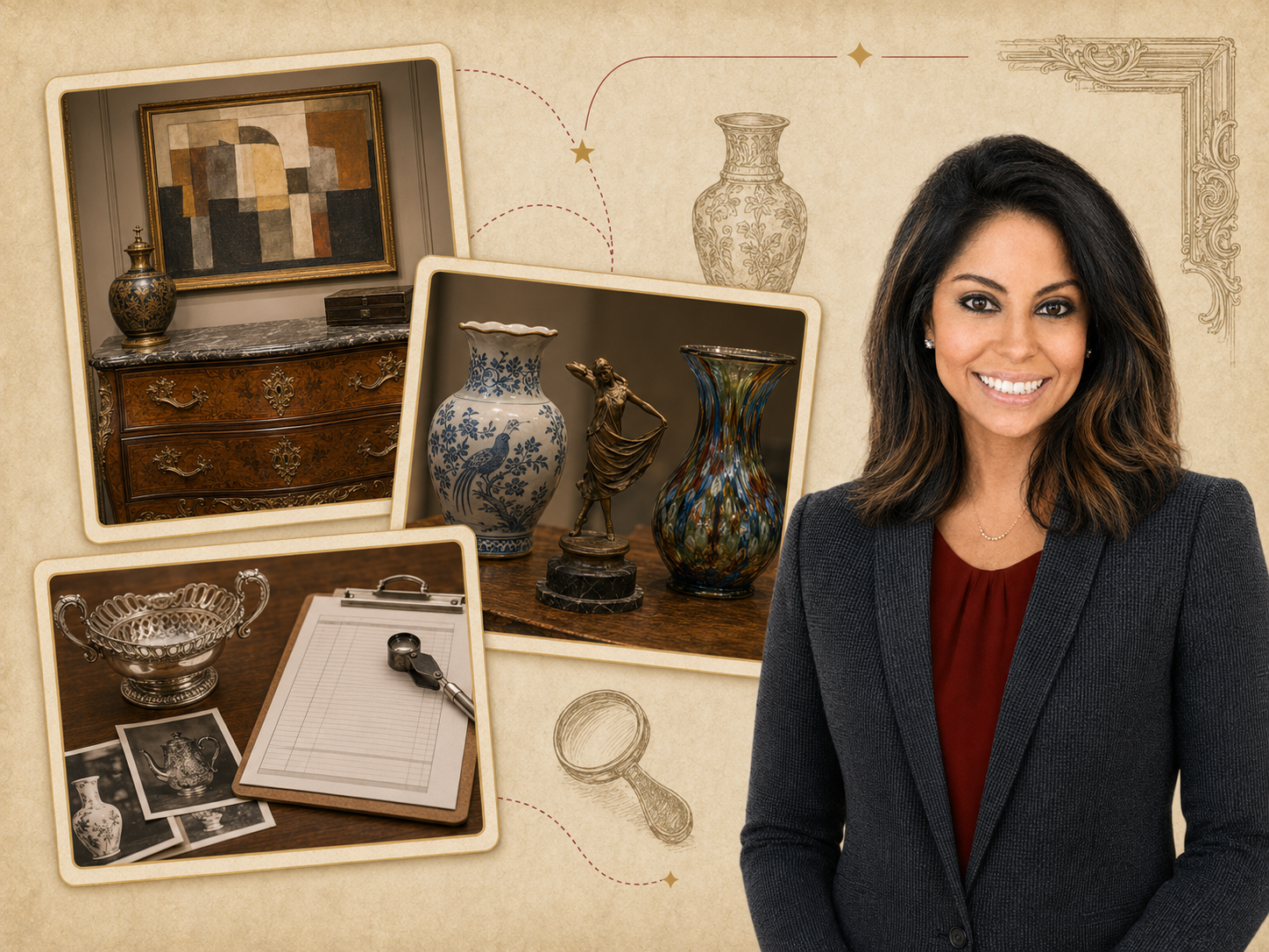 Personal property appraiser Joyce Rosa with fine art, antiques and decorative objects for appraisal projects across the United States