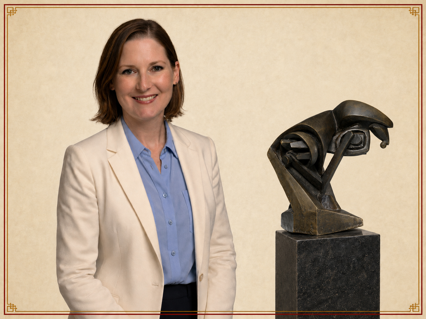 IRS-qualified personal property appraiser Anastasia Eikenberry beside a bronze sculpture illustrating estate tax and probate appraisal work