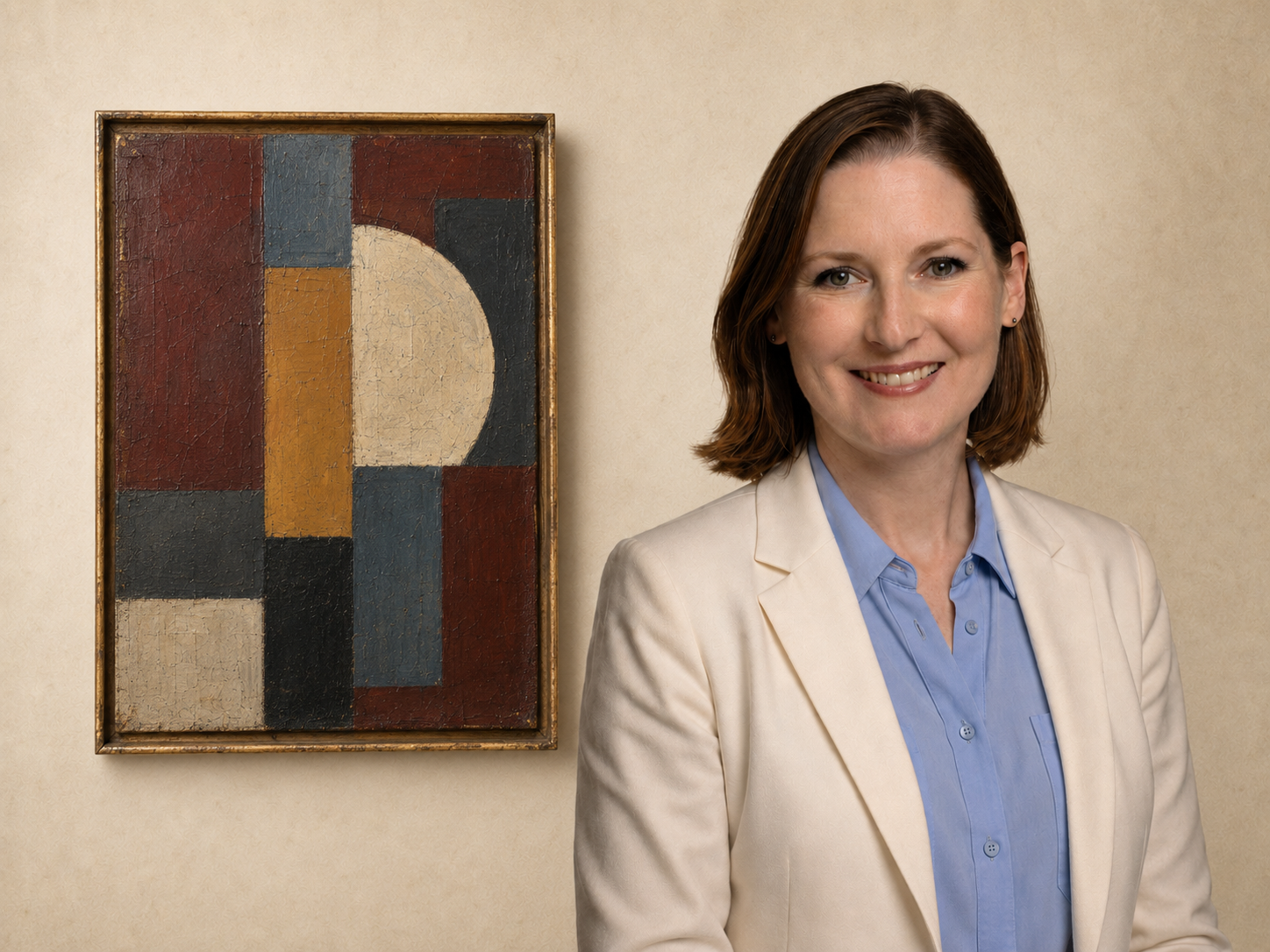 Modern and Contemporary fine art appraiser Anastasia Eikenberry beside a framed Modernist painting