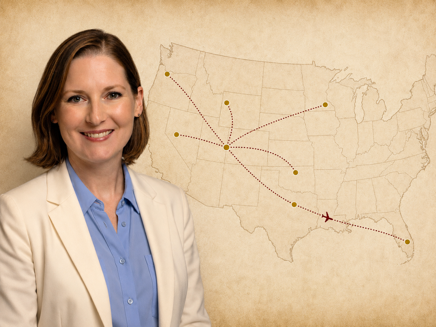 Anastasia Eikenberry, Denver personal property appraiser, with a United States map showing nationwide appraisal project travel
