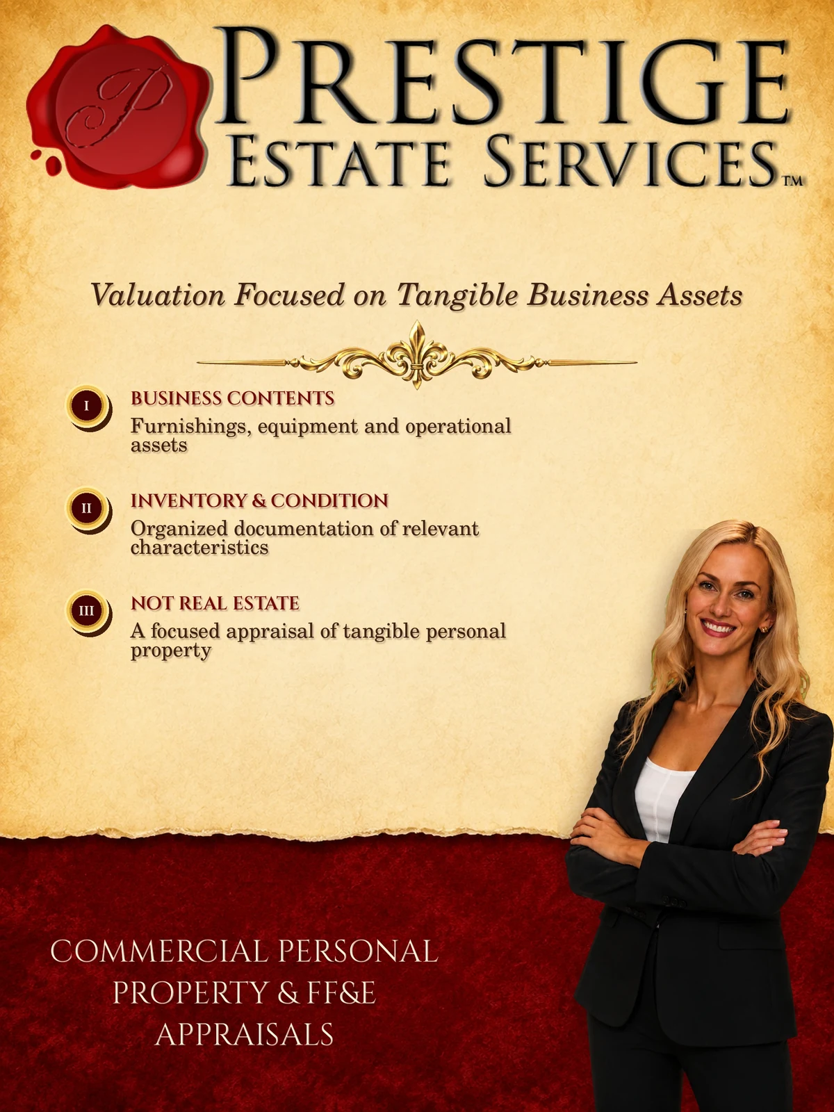 Irina Ivanova presenting commercial personal property FF&E appraisal services