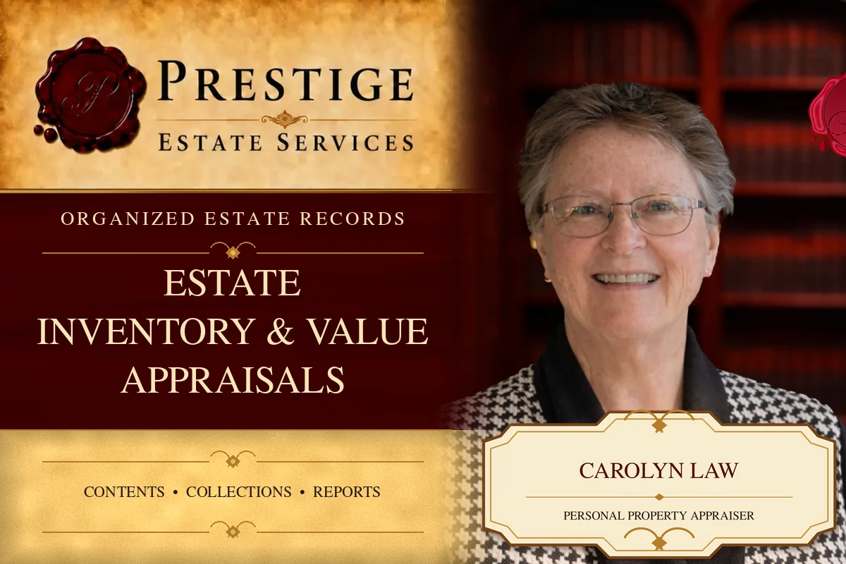 Carolyn Law on the Prestige Estate Services estate inventory appraisal card.