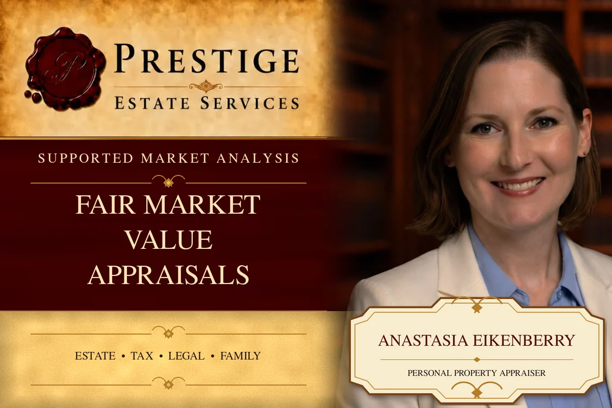Anastasia Eikenberry on the Prestige Estate Services fair market value appraisal card.