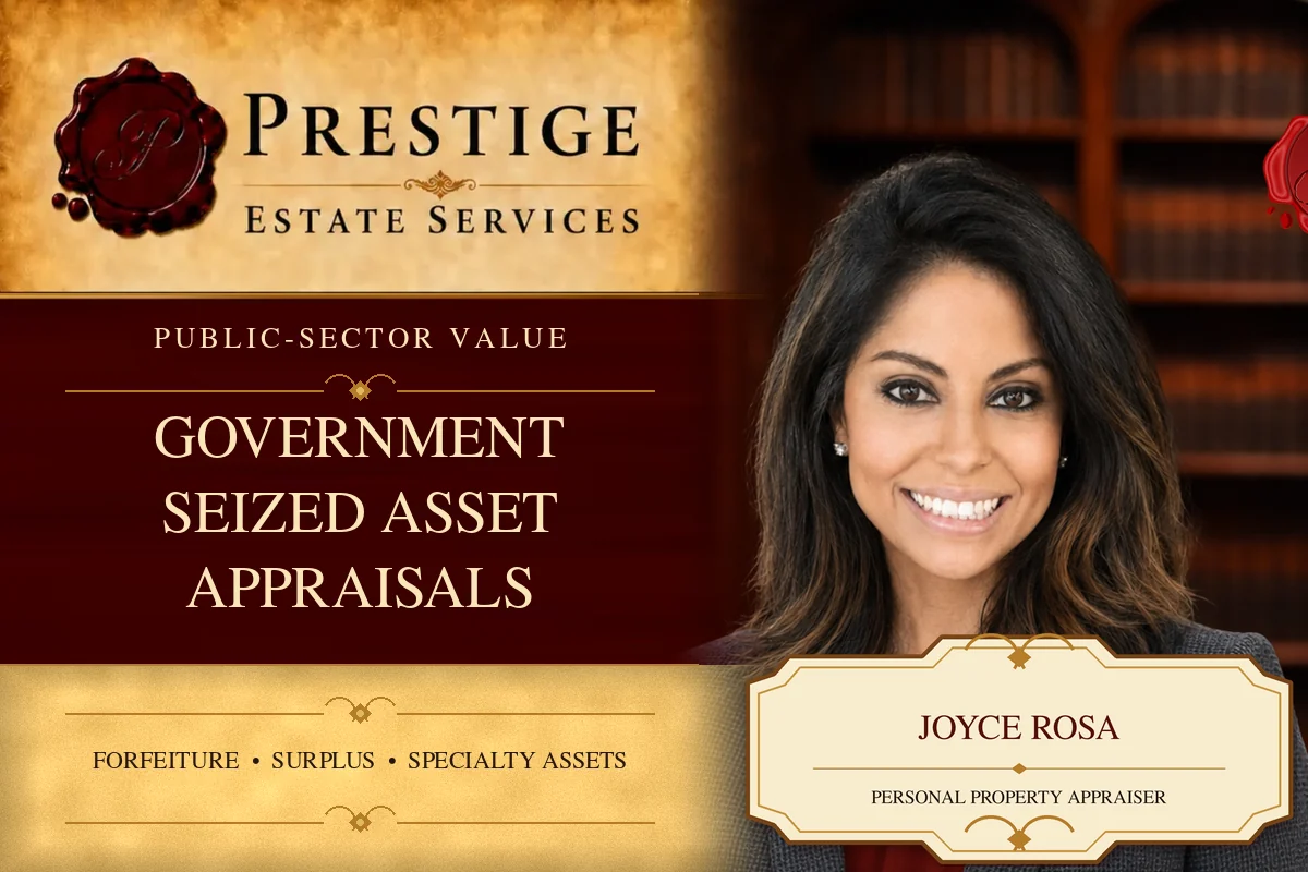 Joyce Rosa on the Prestige Estate Services government and seized asset appraisal card.