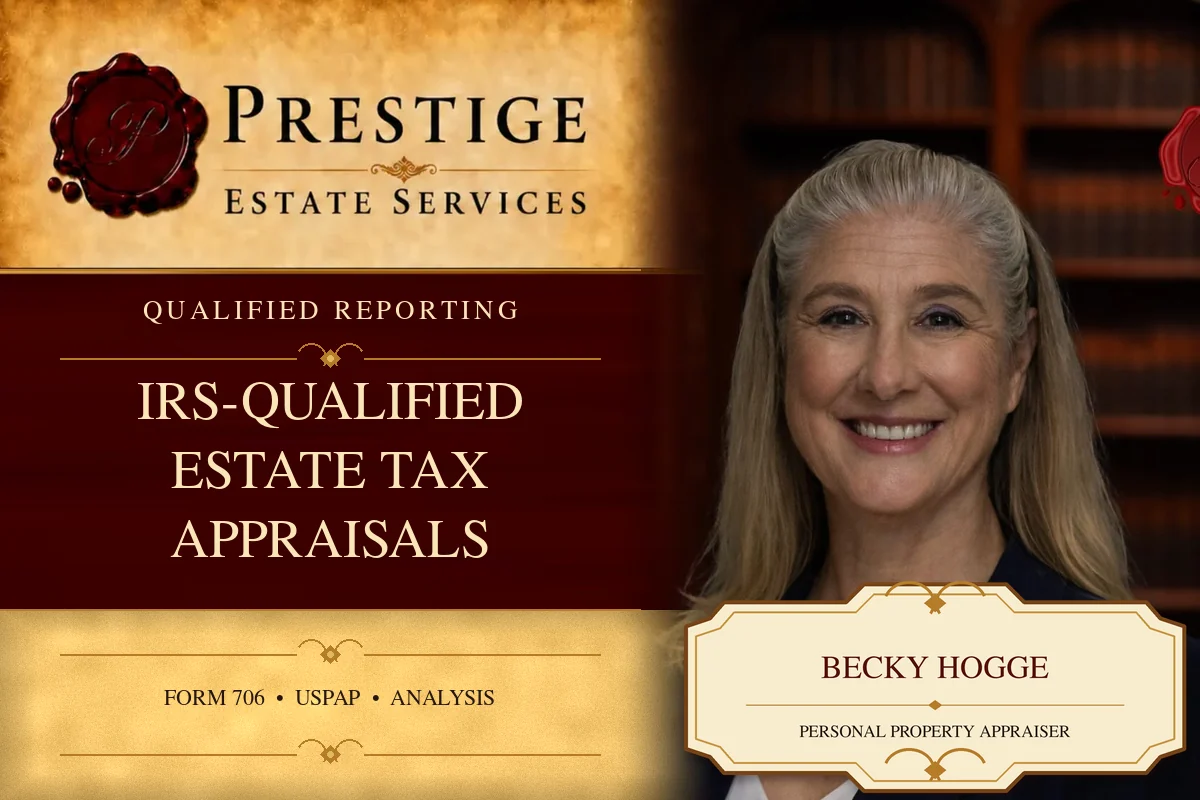 Becky Hogge on the Prestige Estate Services IRS-qualified estate tax appraisal card.