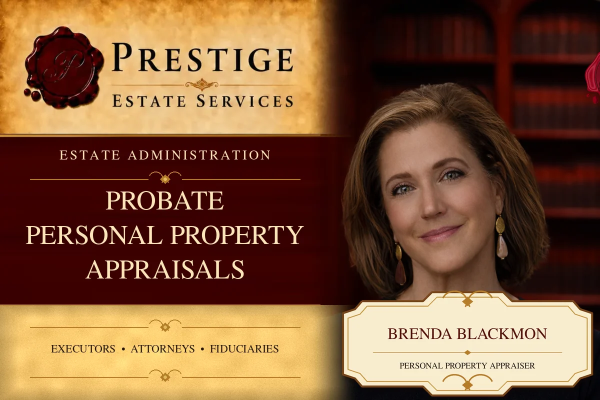 Brenda Blackmon on the Prestige Estate Services probate appraisal card.