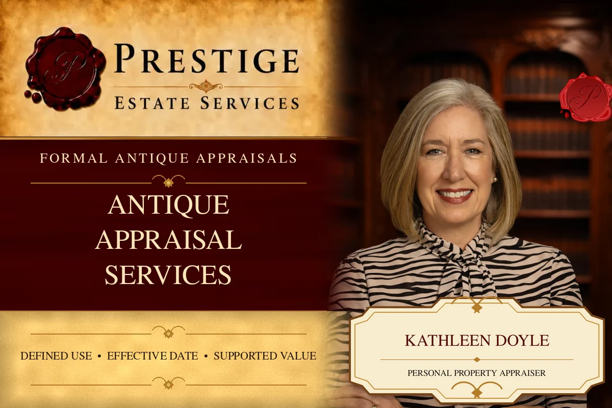 Kathleen Doyle, personal property appraiser, featured on an antique appraisal services card