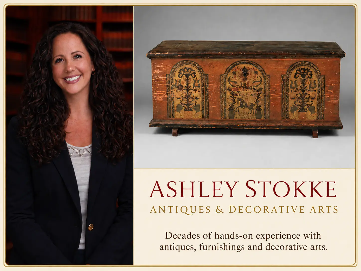 Ashley Stokke beside antique furniture representing antiques, furnishings and decorative arts appraisal services