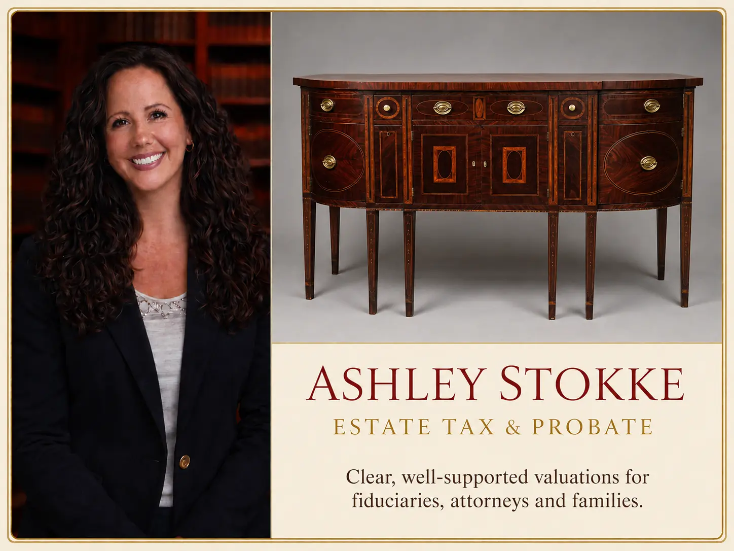 IRS-qualified appraiser Ashley Stokke beside antique furniture representing estate tax and probate appraisals