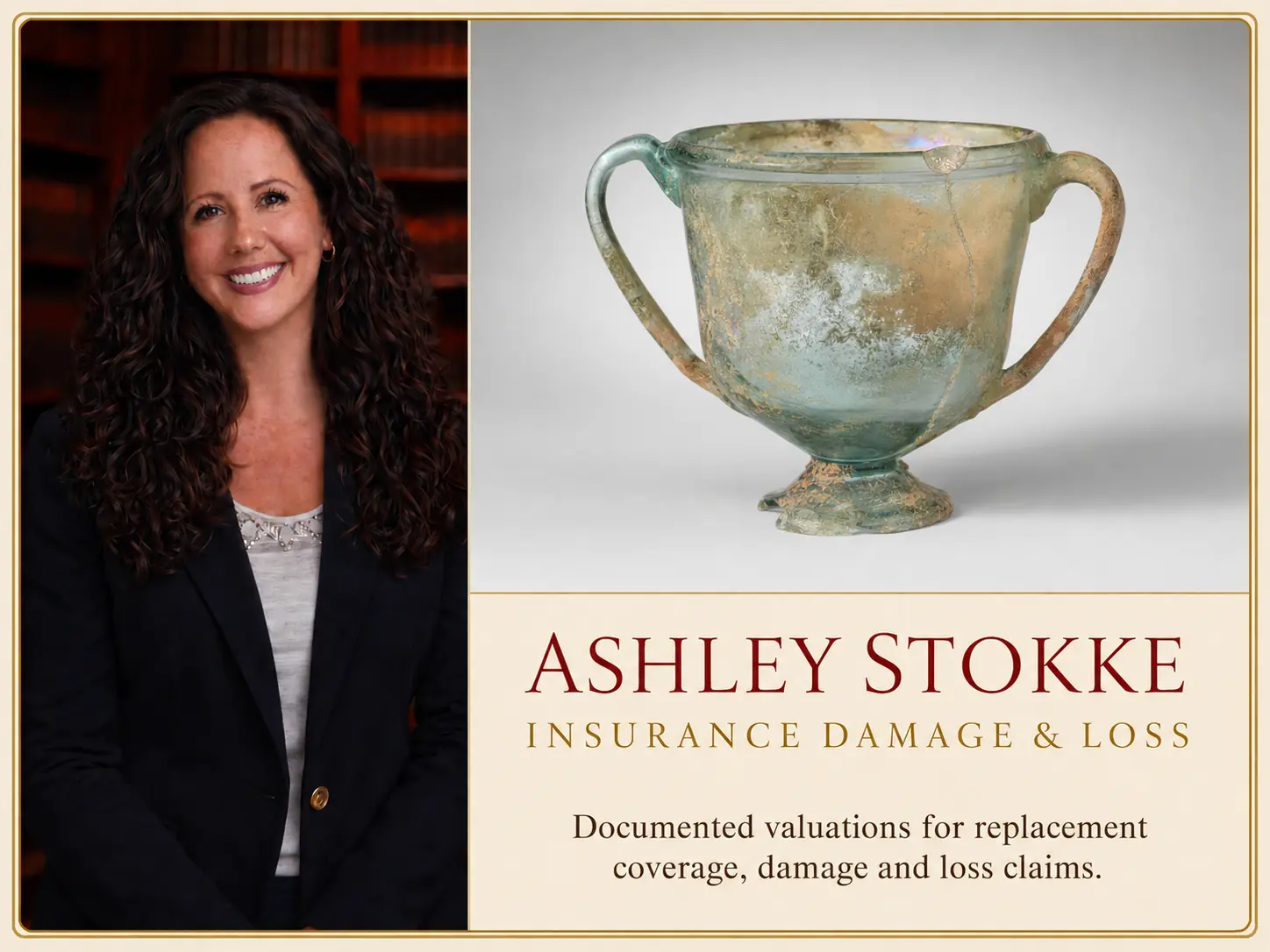 Ashley Stokke beside a damaged antique glass vessel representing insurance damage and loss appraisal services