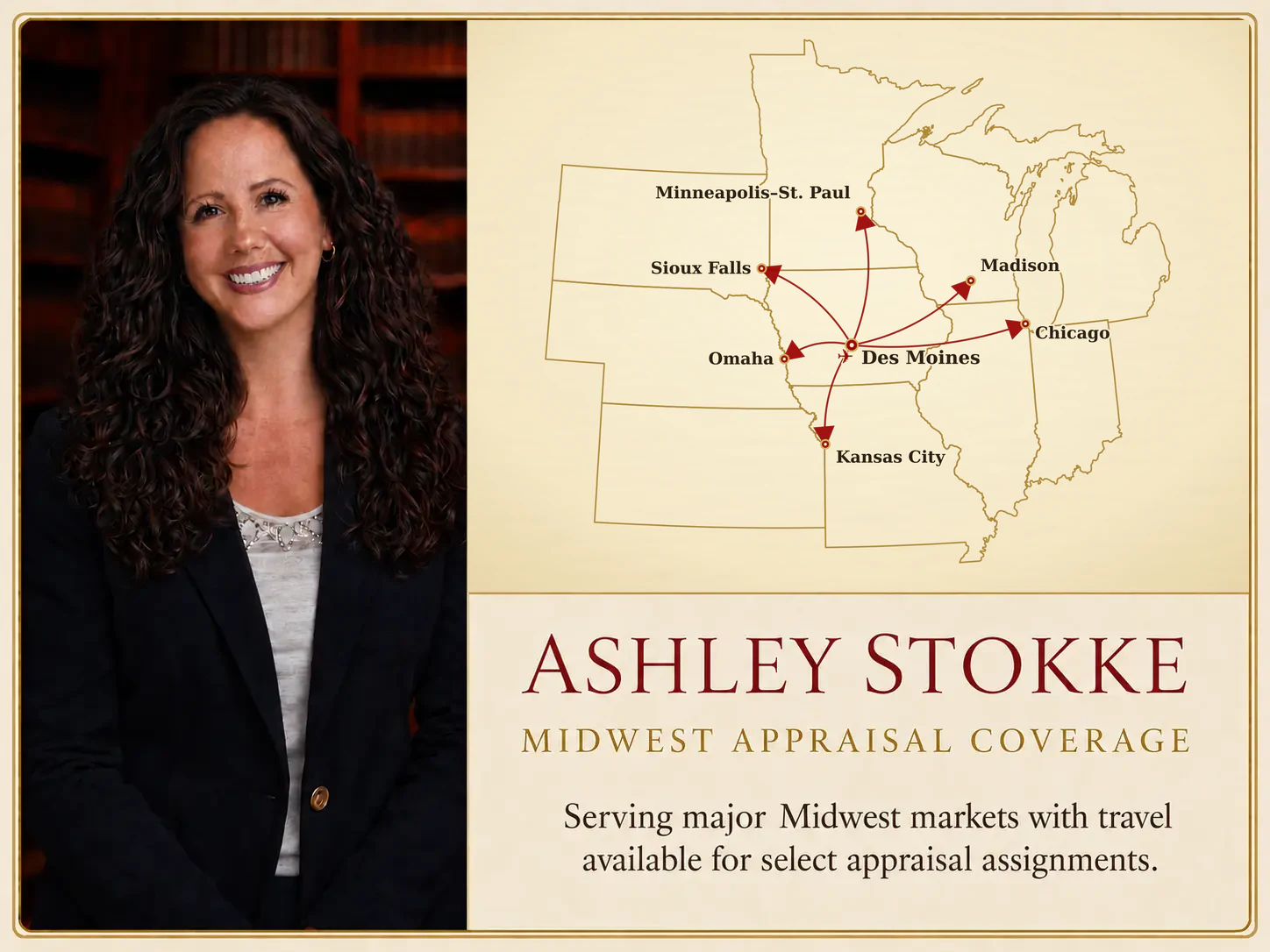 Personal property appraiser Ashley Stokke with Midwest travel routes from Des Moines to major regional cities
