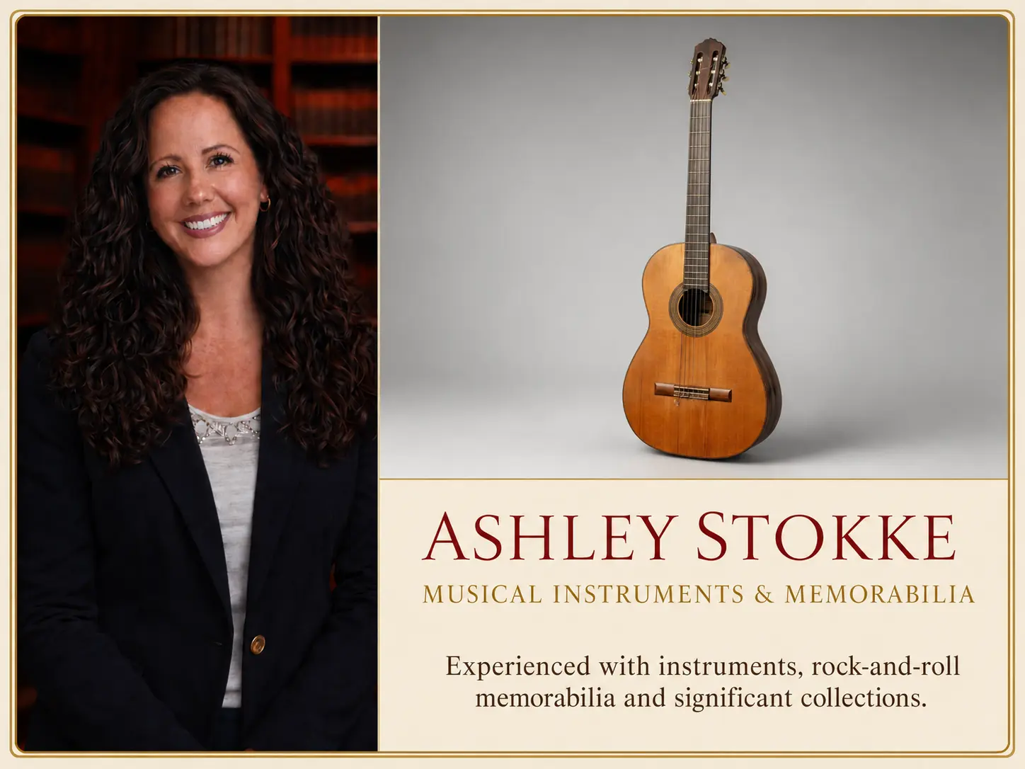 Ashley Stokke beside a vintage guitar representing musical instrument and memorabilia appraisal services