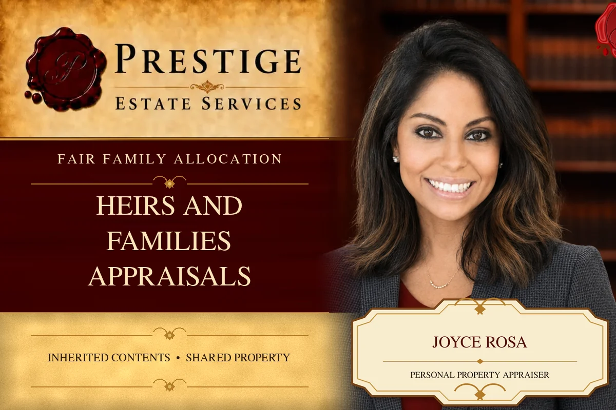 Joyce Rosa on the Prestige Estate Services equitable distribution for heirs and families appraisal card.