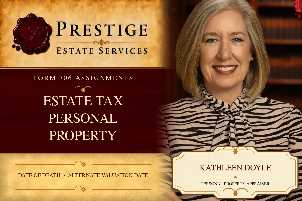 Kathleen Doyle on the Prestige Estate Services estate tax appraisal card.