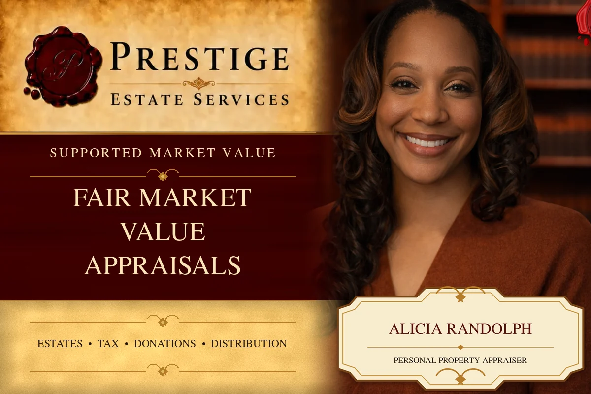 Alicia Randolph on the Prestige Estate Services fair market value appraisals card.