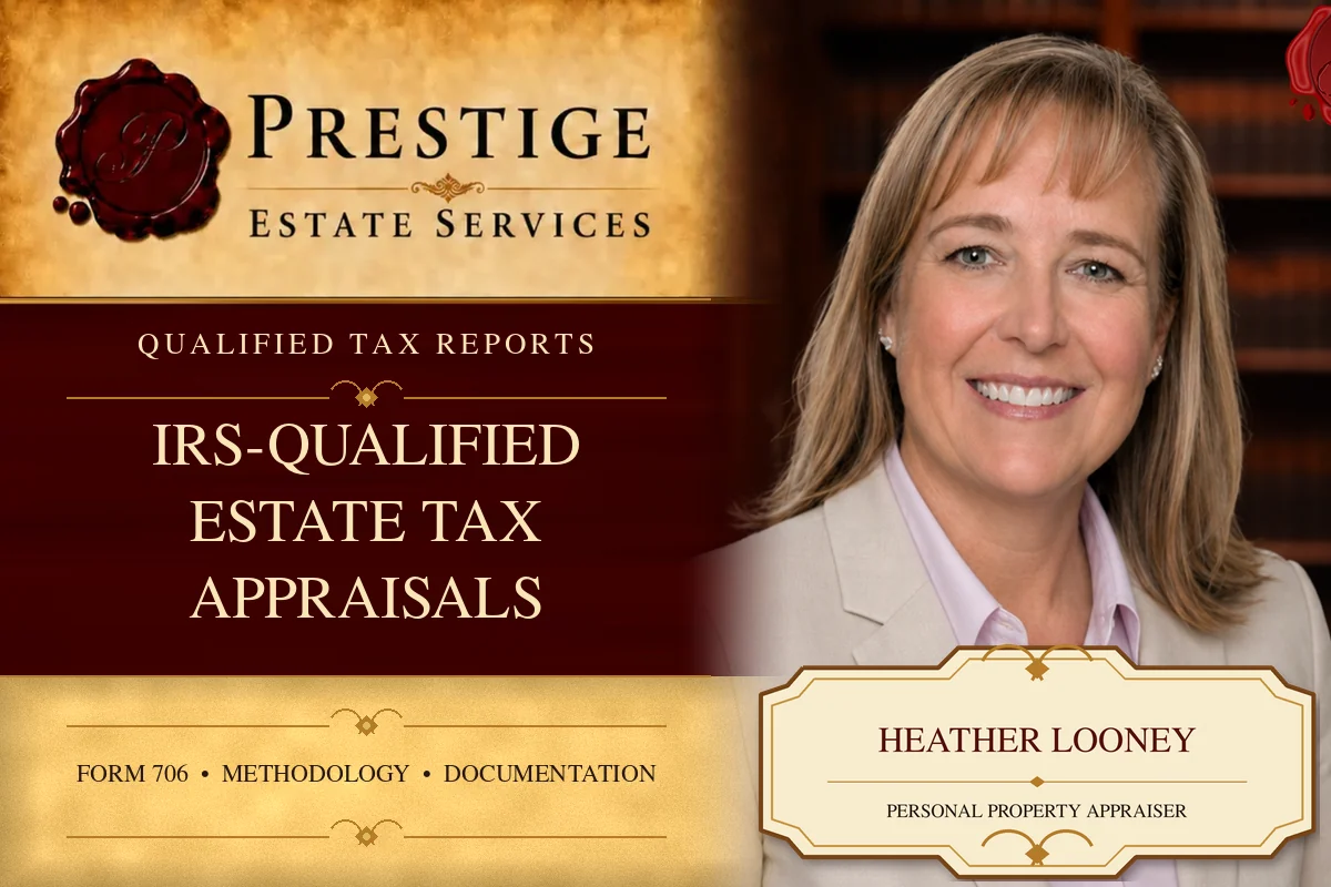 Heather Looney on the Prestige Estate Services IRS-qualified estate tax appraisal card.