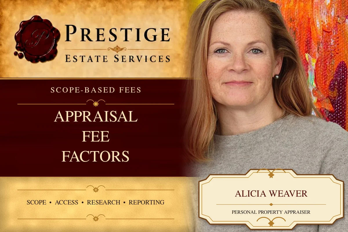 Alicia Weaver on the Prestige Estate Services personal property appraisal fees card.
