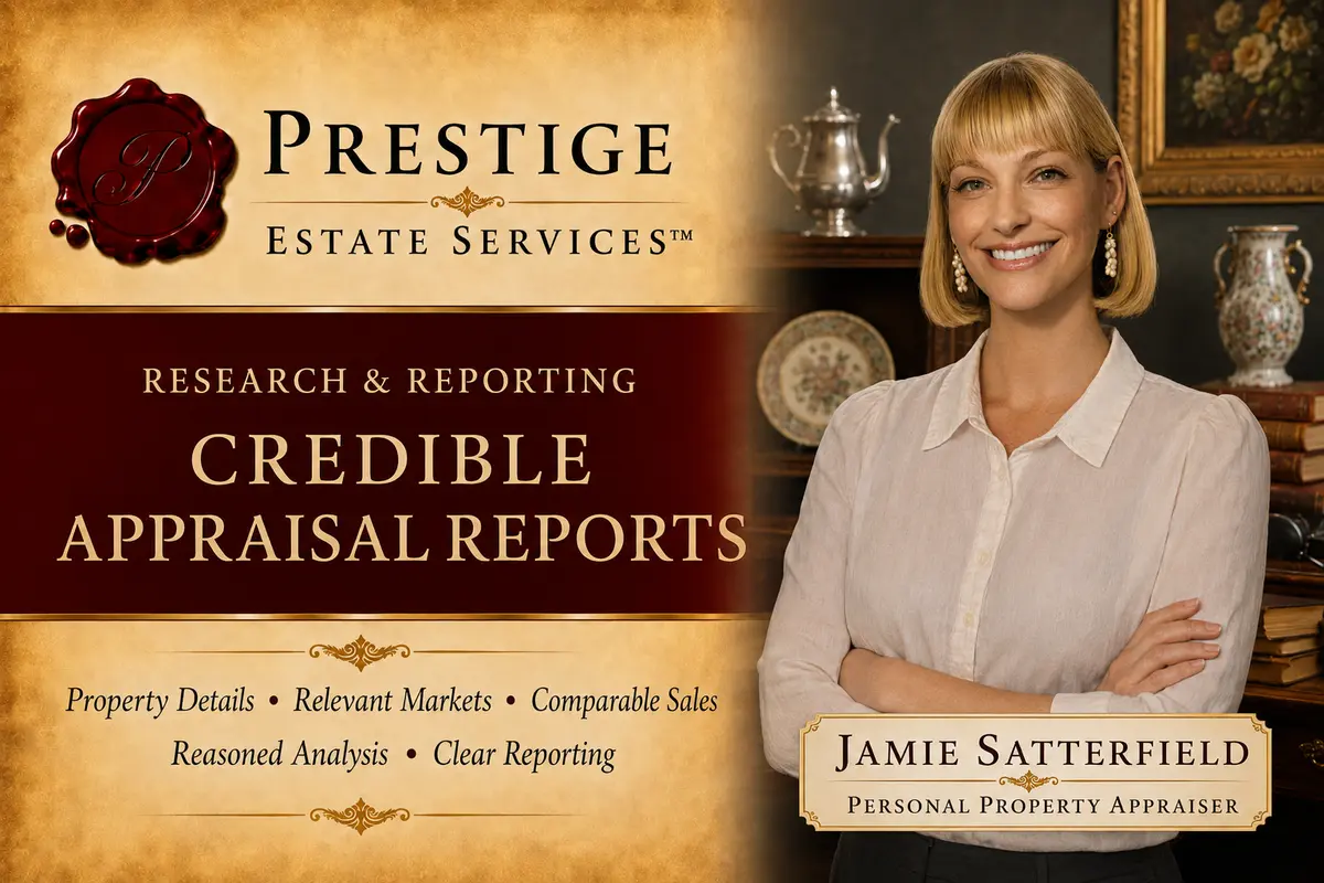 Prestige Estate Services appraisal reporting card featuring Jamie Satterfield