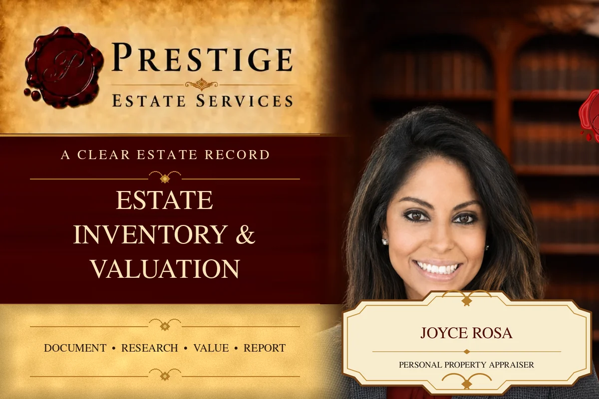 Prestige Estate Services appraiser Joyce Rosa presenting estate inventory and valuation appraisal services