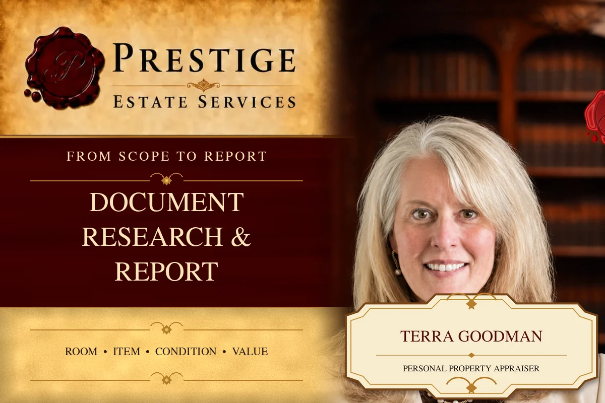 Prestige Estate Services appraiser Terra Goodman explaining estate inventory documentation, research, and reporting