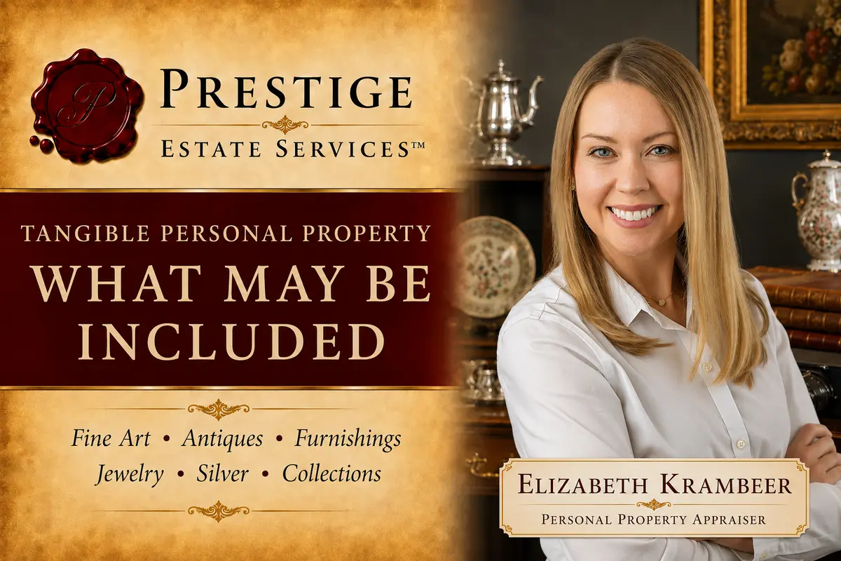 Prestige Estate Services estate tax appraisal card featuring Elizabeth Krambeer and tangible personal property categories