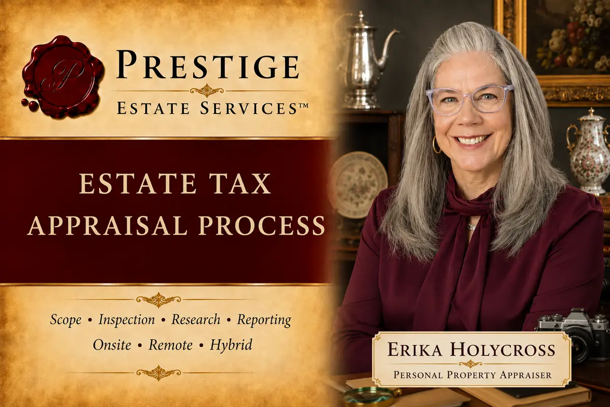 Prestige Estate Services estate tax appraisal process card featuring Erika Holycross
