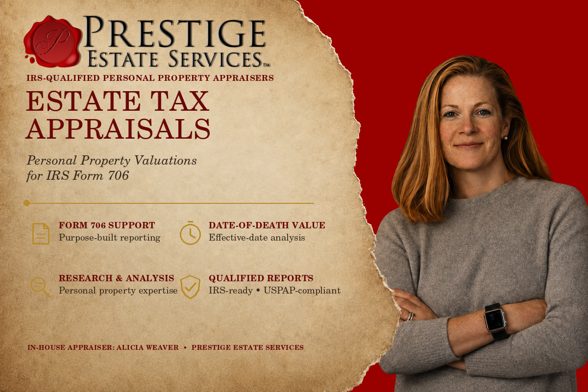 Estate tax appraisals for personal property prepared by a Prestige Estate Services appraiser