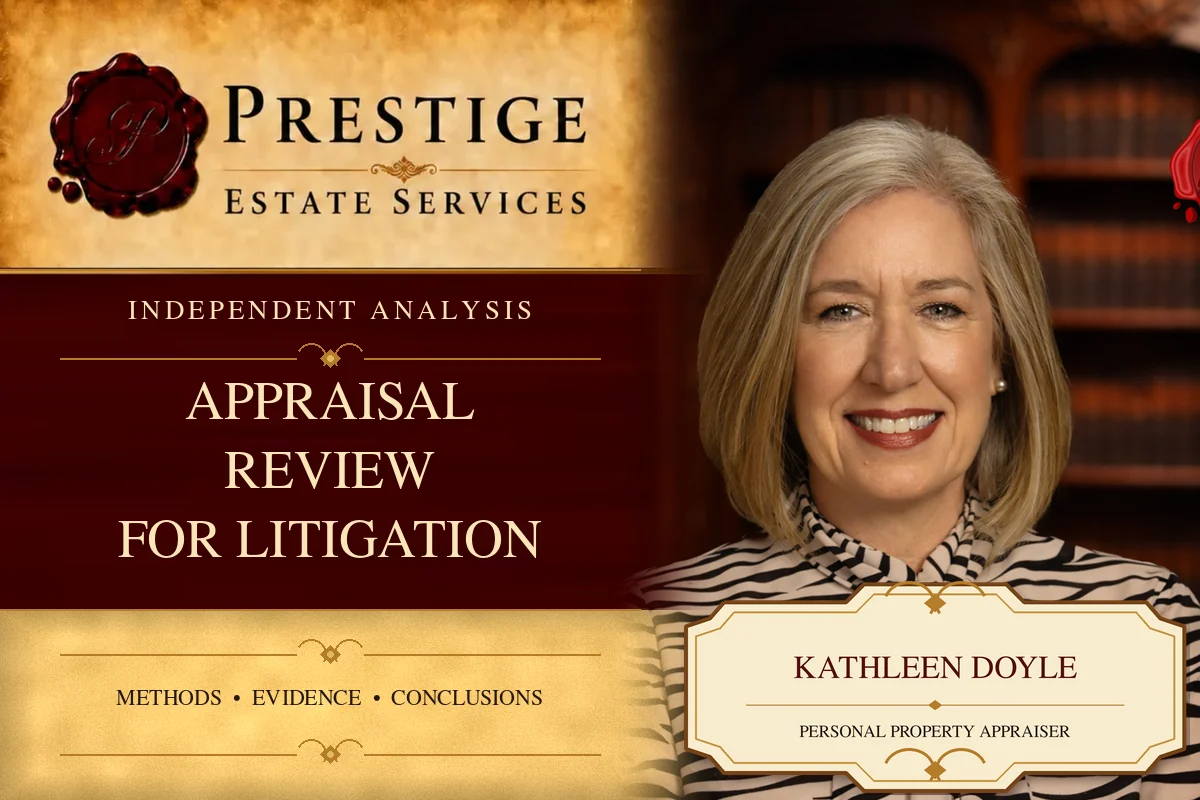 Kathleen Doyle of Prestige Estate Services on an appraisal review for litigation card.