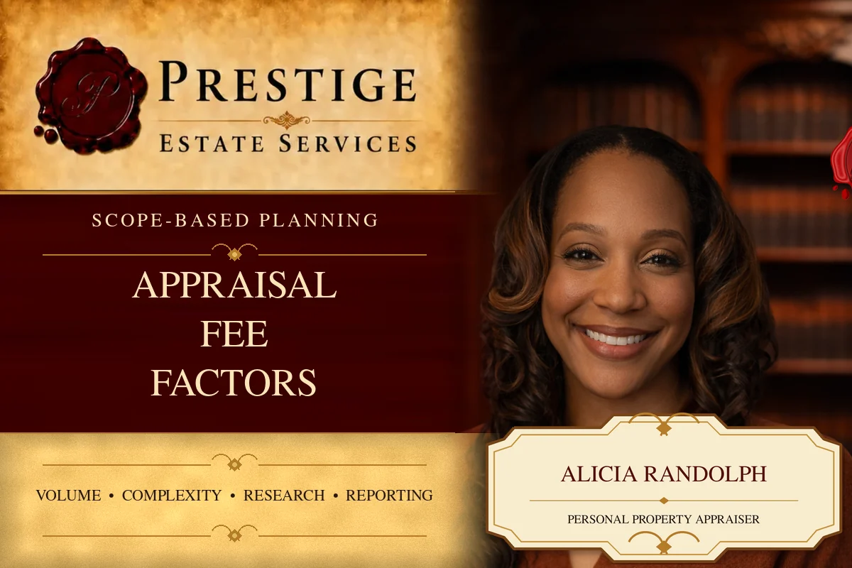 Alicia Randolph on the Prestige Estate Services fee factors appraisal card.