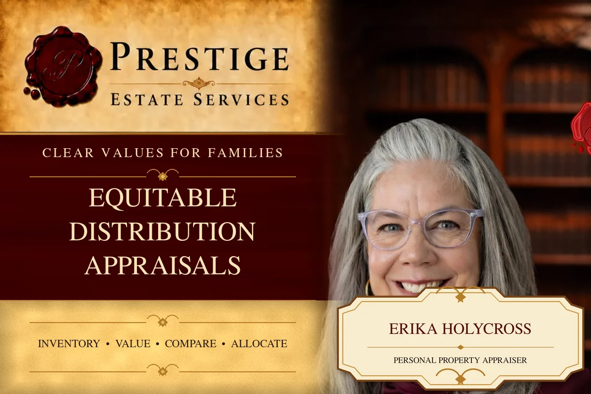 Erika Holycross on the Prestige Estate Services equitable distribution for heirs appraisal card.