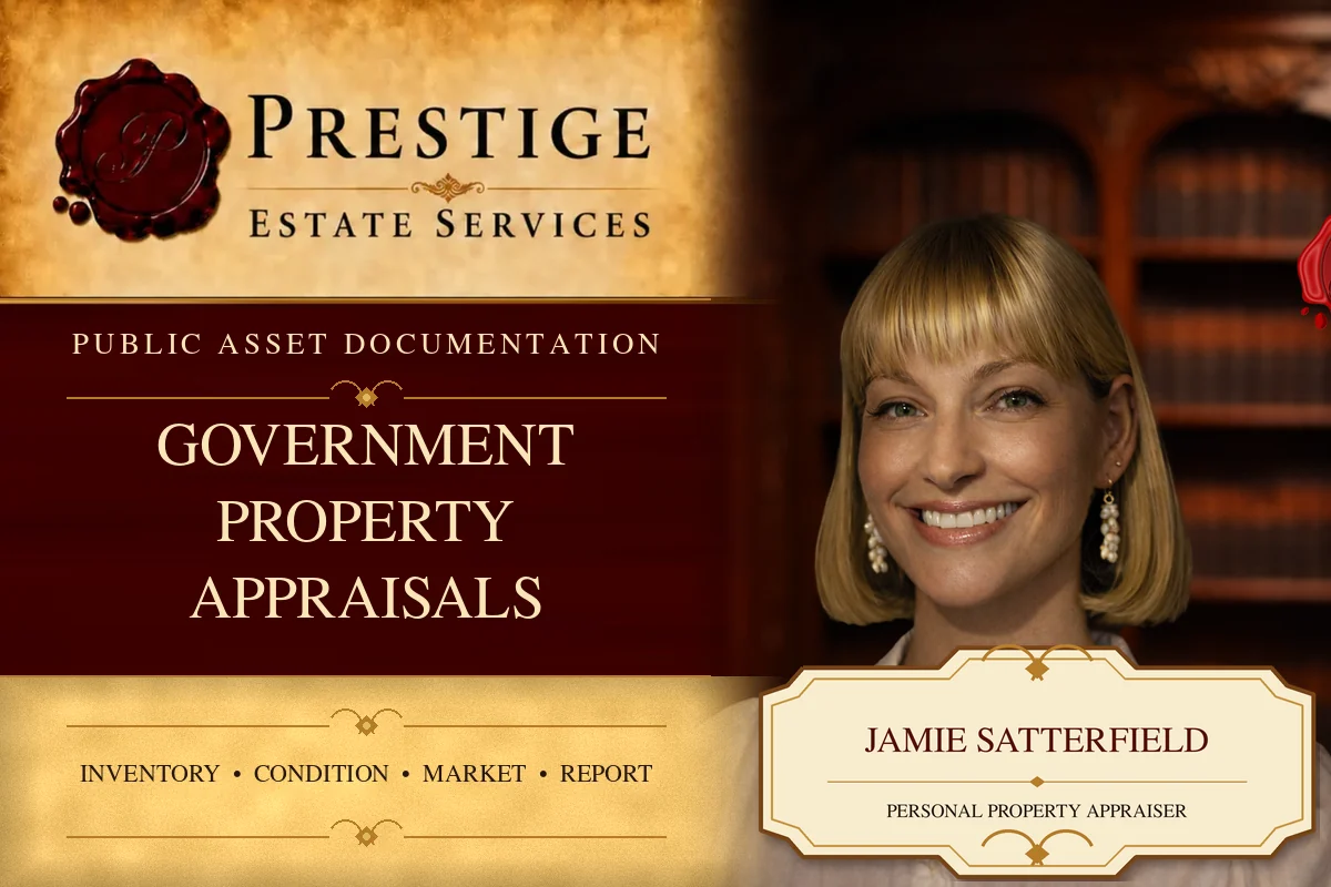 Jamie Satterfield on the Prestige Estate Services government and seized-assets appraisal card.